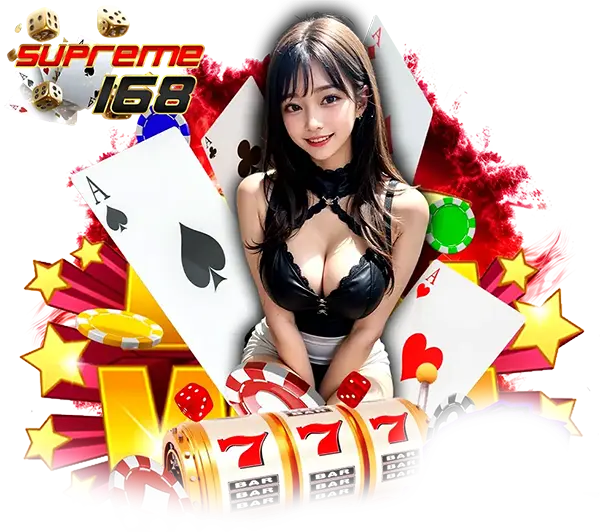 SUPREME168 ภาพฮีโร่สล็อตสาวสวยพร้อมไพ่และสัญลักษณ์ 777 กราฟิกเด่นลุ้นแจ็คพอตใหญ่