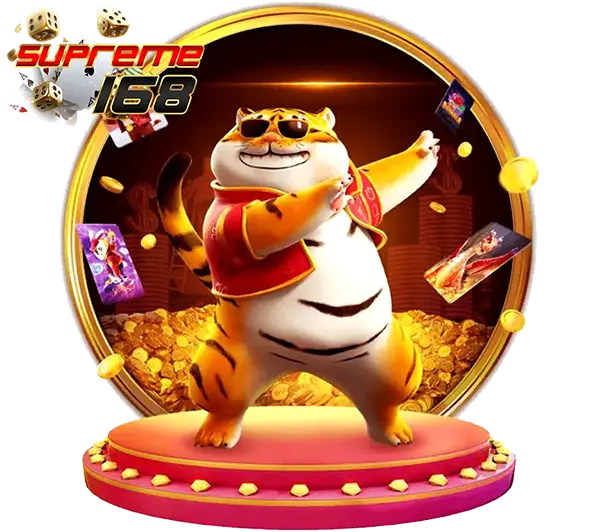 SUPREME168 สล็อตธีมการ์ตูนเสือทองยืนบนแท่น พร้อมเหรียญทองและบรรยากาศลุ้นโบนัสแตกหนัก
